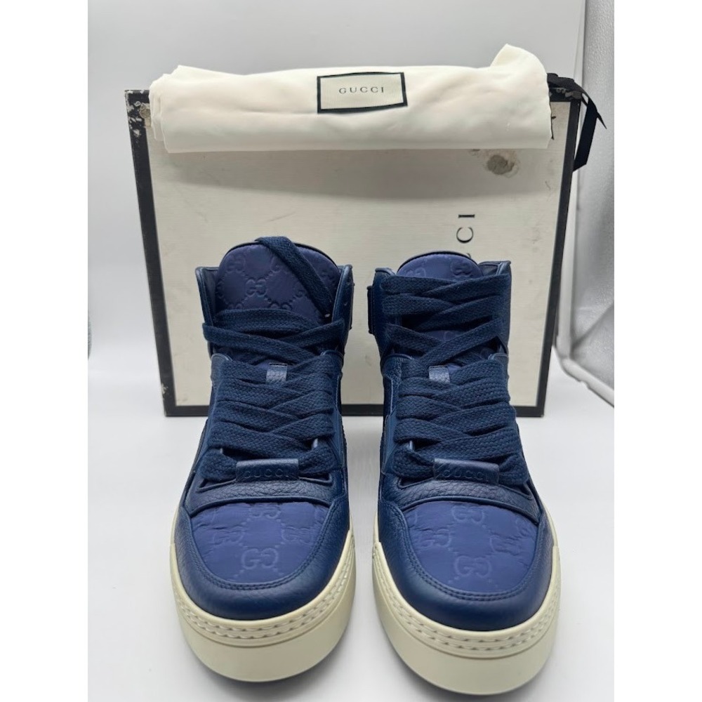 Gucci Mens GG Monogram Navy Blue Leather High Top Sneakers Size 6.5 Italy 7 US